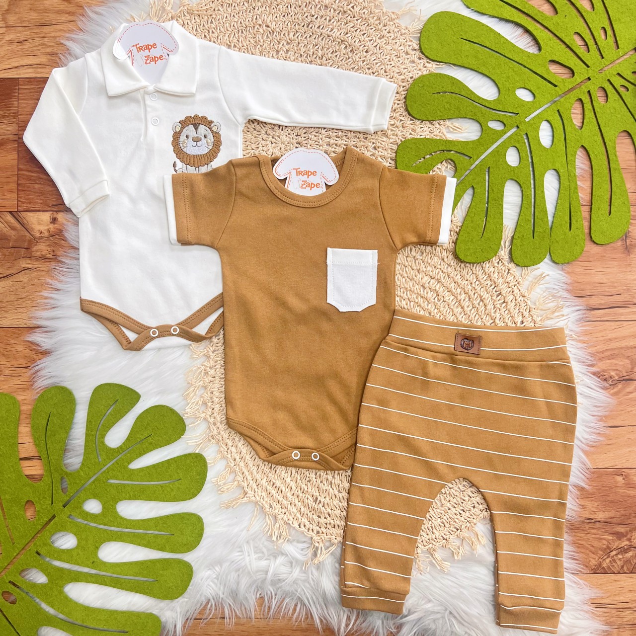 Conj. de Malha 3 peças - Leão com Jubinha - Off White e Ferrugem